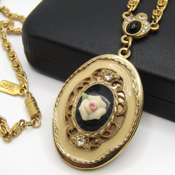 Vintage 1928 Locket Necklace Rose Enamel Victorian Revival 32" Long - Picture 2 of 7